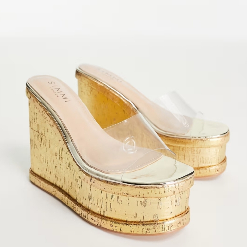 Simmi London Shanda Gold Cork Wedges Sz 7 Hot Sexy Platform Heels Clear Upper - Picture 4 of 4